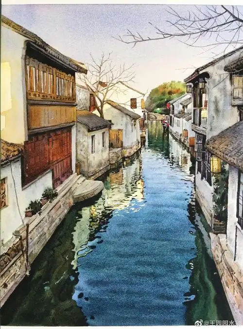 王园园水彩画新作,江南水乡水彩超话#王园园水彩##水彩
