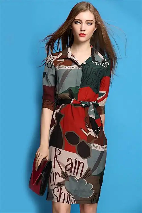 shyslily 春夏高档真丝印花翻领长款修身连衣裙 8024 图色 xxl