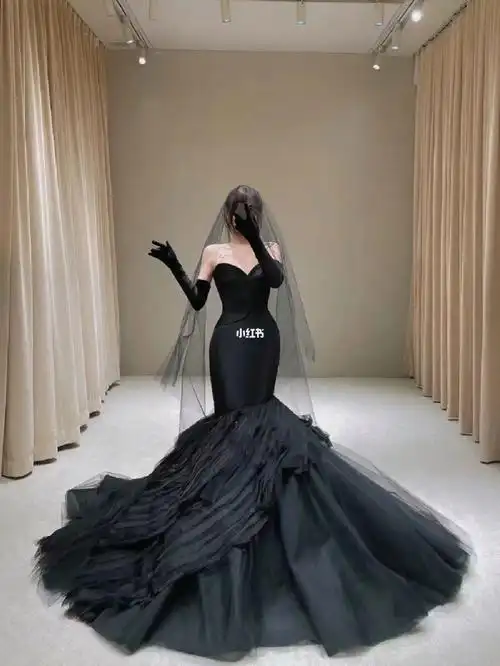 优雅永不过时高级黑白鱼尾女神婚纱