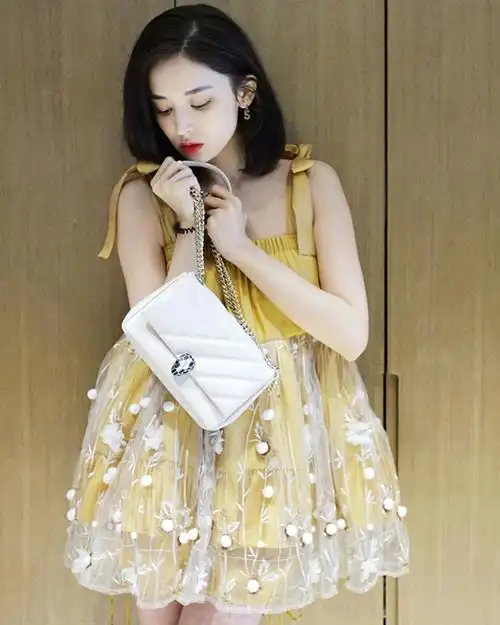 夏新套装古力娜扎同款网纱刺绣钉珠吊带蓬蓬裙短裤两件套小个子