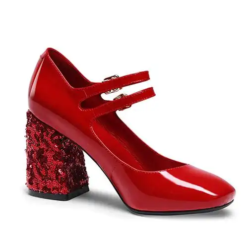 欧美漆皮一字扣高跟鞋粗跟浅口宴会高跟女鞋子红色婚庆单鞋秋冬季