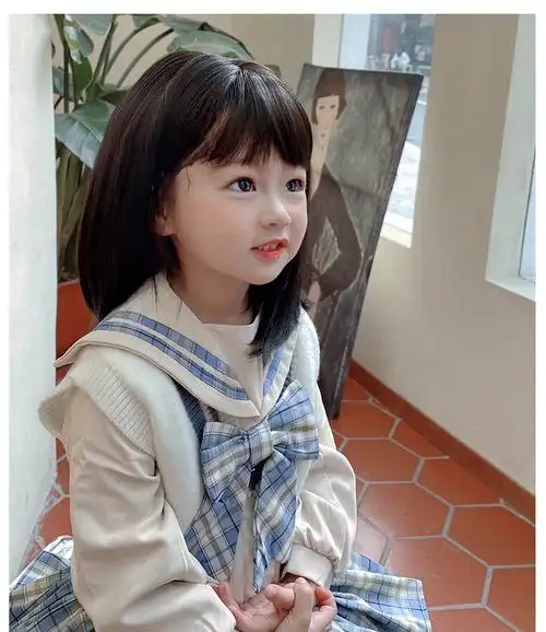 儿童假发辫子66公主头套bobo头发套全头刘海内扣短发仿真发 黑色30cm