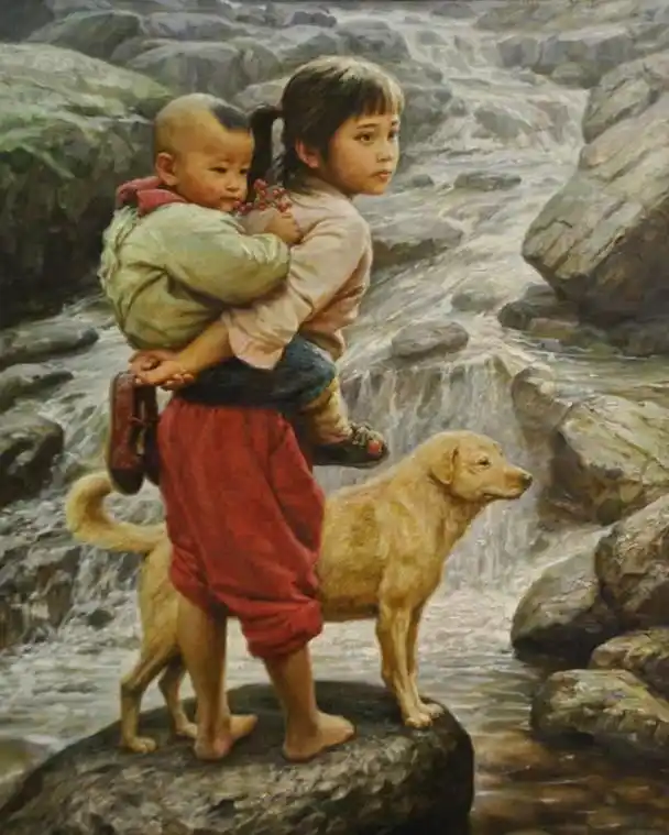 乡土民俗油画,姐弟情深,过年恋家的你,该回家了!