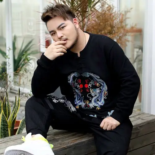 300斤大码卫衣加肥加大胖哥哥男装潮胖肥佬中国风刺绣圆领打底衫