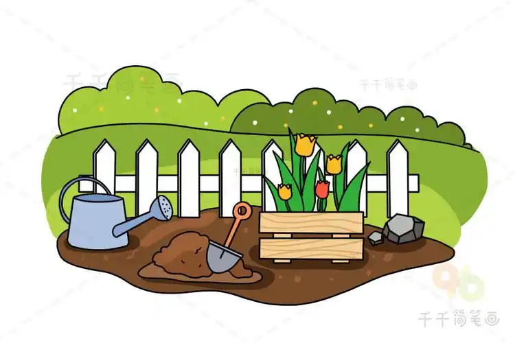 第六步:涂上颜色,一组漂亮的花园简笔画就画好了!