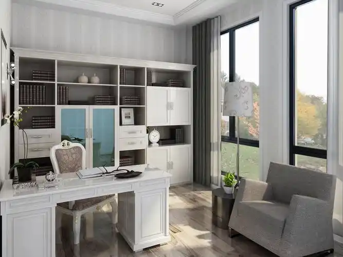 书房设计偏简约明亮的简欧风,兼顾美观性的同时强调书柜的实用性,书柜