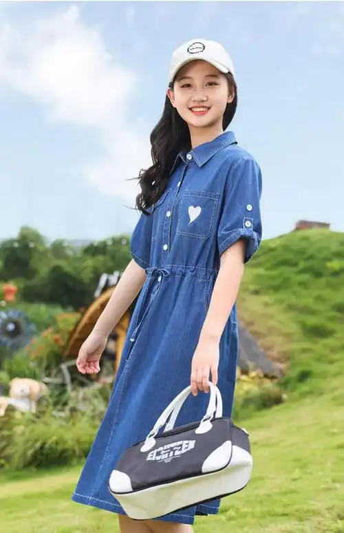 丹盼少女牛仔连衣裙小清新初中学生中长裙子高中女生夏装青少年牛仔裙