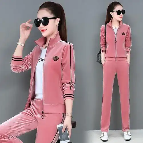 杰思菲雨春秋季新款金丝绒运动套装女春秋装三件套时尚卫衣外套