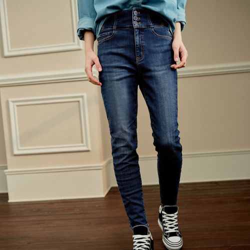 小熊春装学院风搭配高腰修身牛仔裤长裤子女装