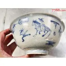 明代中期"4奔马"火焰图青花瓷碗(马到成功,大吉祥之物)