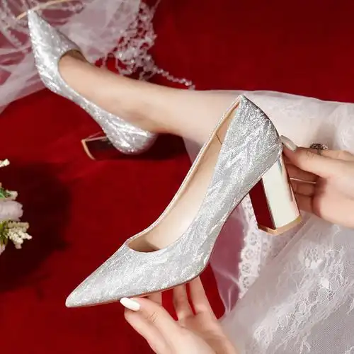 主婚纱婚鞋女2021年新款亮片银色细高跟鞋法式日常可穿礼服新娘鞋-优