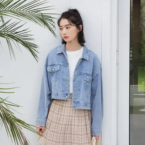 浅蓝色水洗牛仔短外套女学院风韩版宽松休闲翻领长袖工装夹克上衣