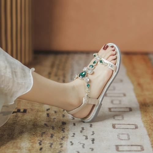 仙女风凉鞋女ins潮2021年夏季新款网红水钻百搭防滑平底沙滩鞋女