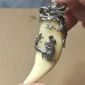 民族风熊牙镶嵌包银套镀金复古盘龙牙尖防裂男士配饰爪子招财吊坠