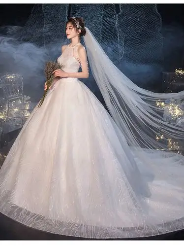 主婚纱2022新款气质大拖尾新娘礼服森系超仙梦幻星空长拖挂脖婚纱