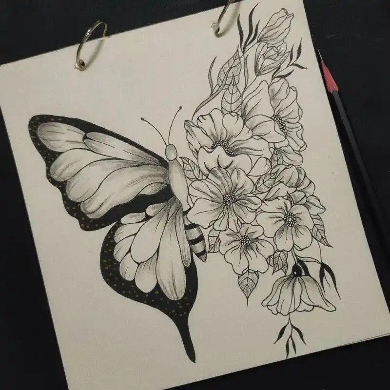 黑白针管笔线条画|蝴蝶与花🦋.业余绘画✌️#手绘 - 抖音