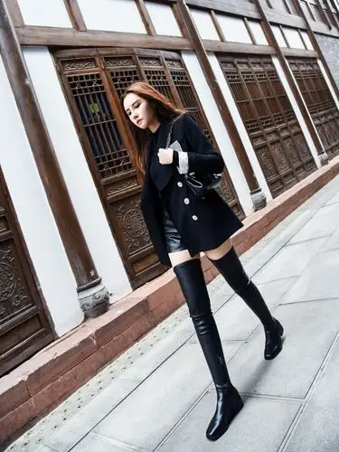 靴女大腿靴70cm超长弹力皮粗跟方头加绒长靴女 黑色皮 41