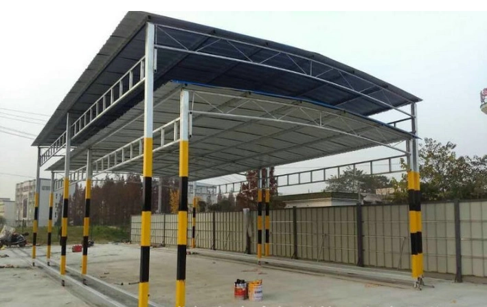 能移动的彩钢棚 移动钢筋蓬带轨道 南京彩钢瓦挡 雨棚生产厂家_大型