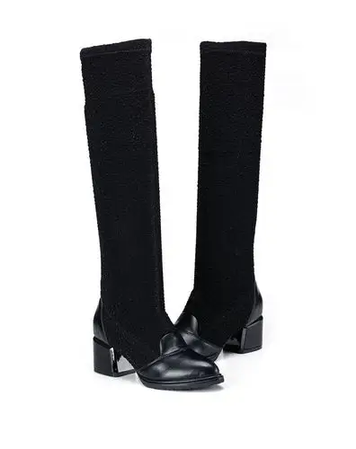 黑色休闲尖头棉布粗跟女长靴