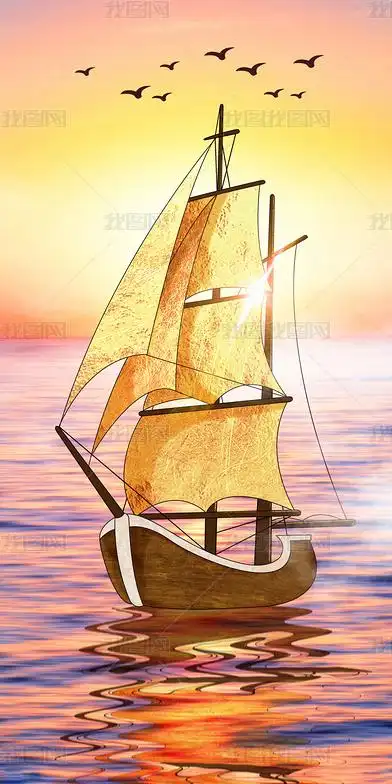 原创花纹图案-高端黑白北欧简约抽象金色帆船花纹图案家居数码图案