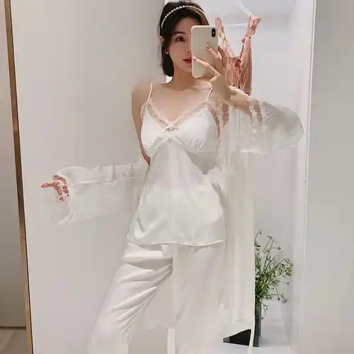 唯美心机女神吊带睡衣三件套冰丝绸带胸垫性感仿真丝睡袍家居服