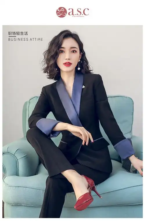 女新款2021时尚ol通勤正装女套装黑色修身职业装女黑色西装黑色西裤m