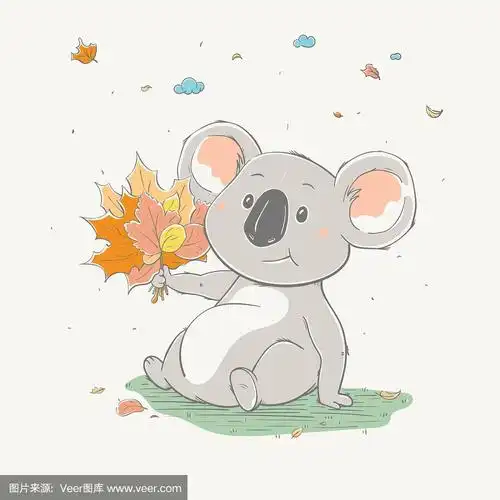 可爱可爱的树袋熊坐在一束黄色的树叶.秋天的卡通动物.