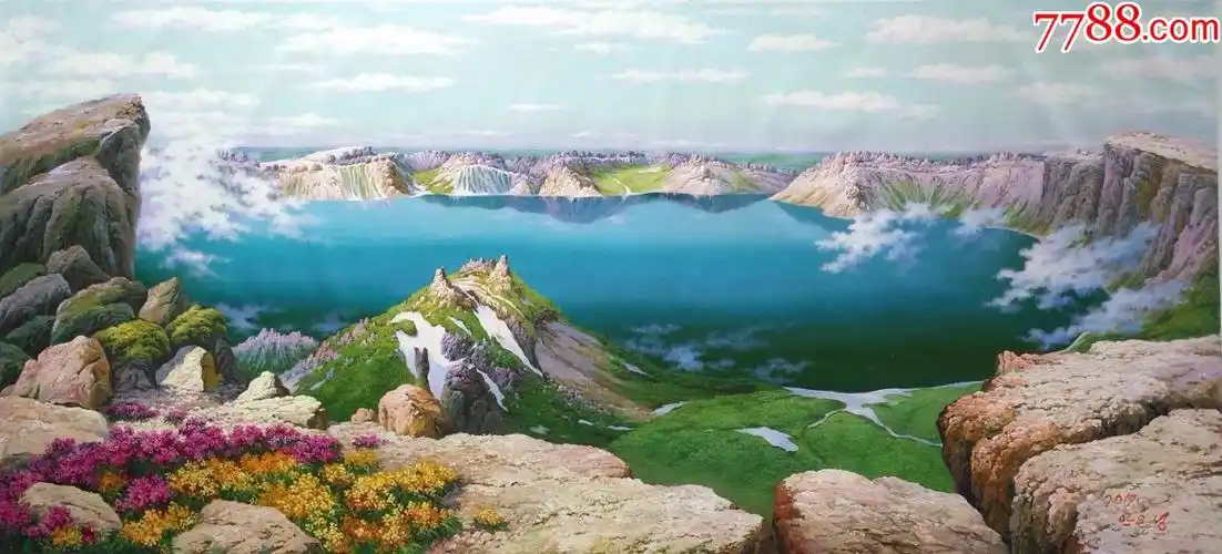 朝鲜一级画家安银成大幅风景油画长白山天池(聚宝盆)