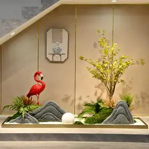 楼梯下造景新中式室内景观橱窗玄关装饰摆件仿真石头绿植艺术造景