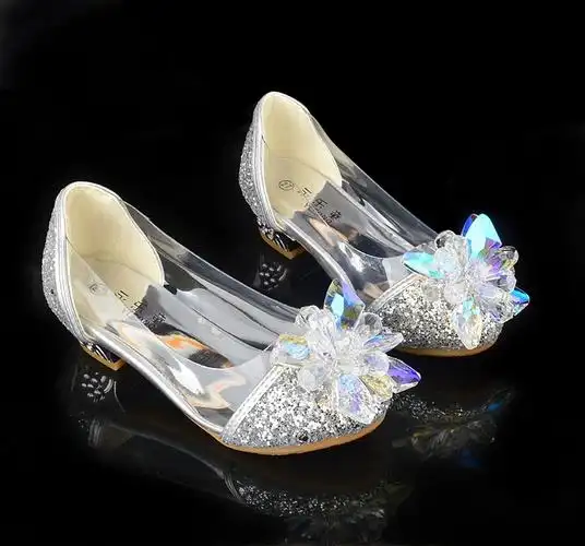 儿童灰姑娘水晶鞋公主高跟鞋10岁女童春大童单鞋夏皮鞋水钻表演女