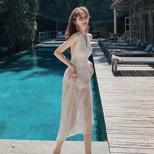 泳衣女高级感纯欲性感显瘦2023新款网红风白色游泳装泡温泉长裙式