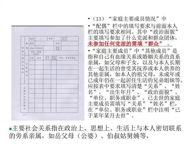 其中"政治面貌" 主要填写参加了什么党派和群众团体, 未参加任何党派