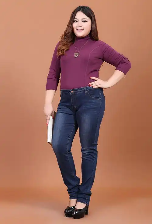 2014新款加大码女装高腰棉弹牛仔裤小脚裤胖妹妹春夏装胖mm服装图片_5