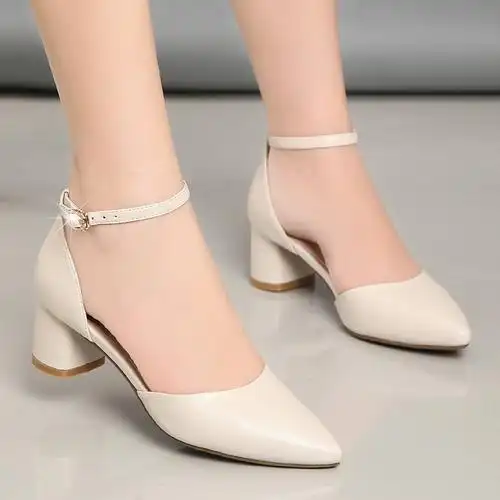 夏真皮白色一字扣高跟鞋裸色职业单鞋女粗跟尖头黑色工作女装皮鞋