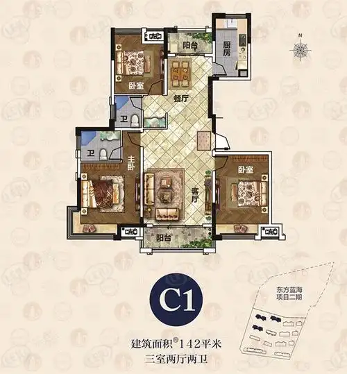 东方蓝海c1户型 3室2厅2卫户型图