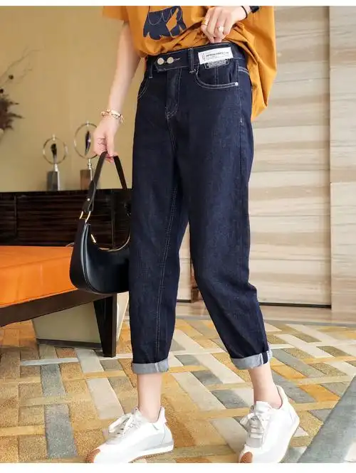 深蓝色九分牛仔裤女卷边宽松显瘦直筒萝卜裤春装2022年新款欧洲站seus