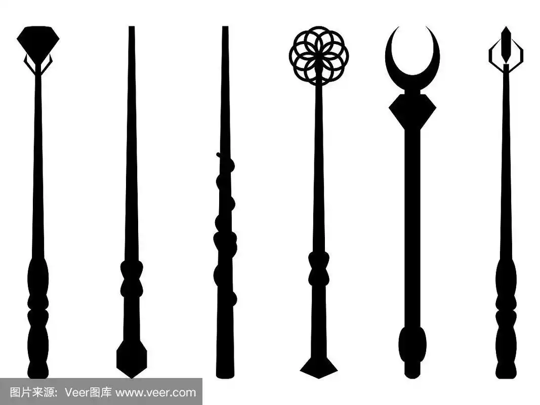 魔杖.魔法和神奇的物体.奇瑞在白色背景上的剪影.向导工具.矢量插图.