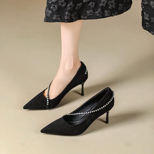 黑色绒面高跟鞋女细跟法式时尚不累脚18岁成人礼浅口尖头水钻单鞋