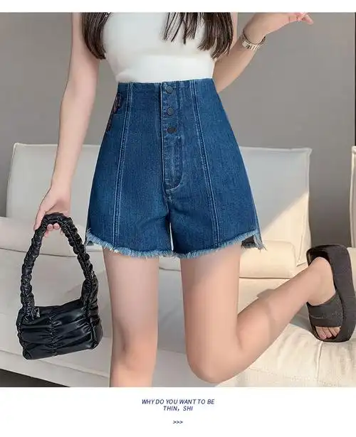 蓝色牛仔裤短裤夏季女装2024年新款高腰爆款a字显瘦直筒阔腿裤… - 17