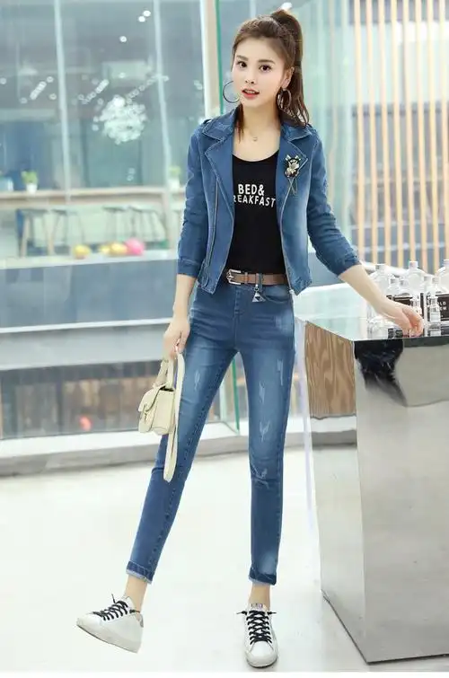 芷臻(zhizhen)女士套装 芷臻zhizhen秋季运动套装牛仔服套装女装2021