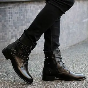 马丁靴男韩版秋冬时尚潮靴长筒皮靴高筒男靴系带男士靴子牛仔马靴
