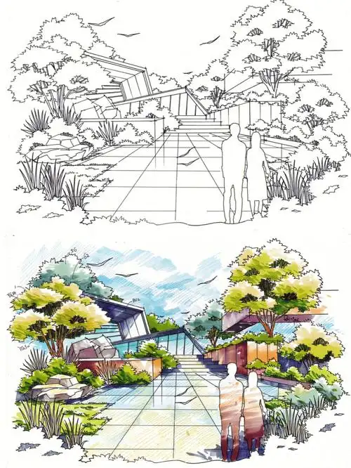 风景园林景观手绘写生效果图