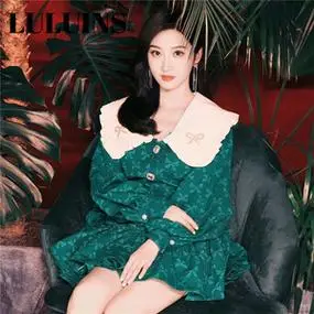 luluins正品景甜明星同款衣服绿色蝴蝶结泡泡袖娃娃领衬衫套装裙
