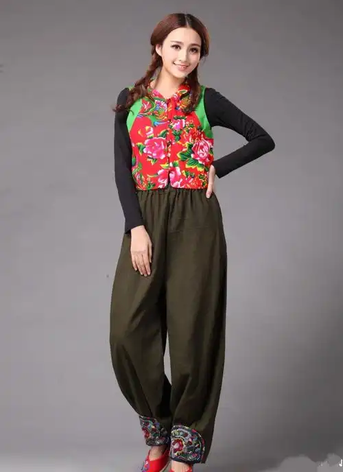 春秋新中国风女亚麻灯笼裤尼泊尔女大裆裤阔腿长裤民族风绣花女裤_不