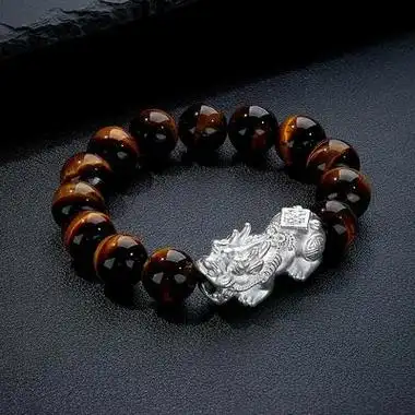 mokingran梦金园银饰999足银貔貅手链男女情侣款黑曜石手串新年情人节