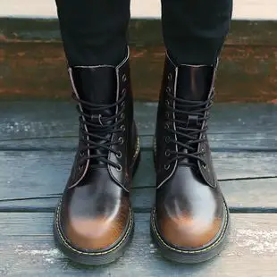 秋冬加绒男士马丁靴擦色真皮韩版复古青年潮流中筒系带大码男靴子