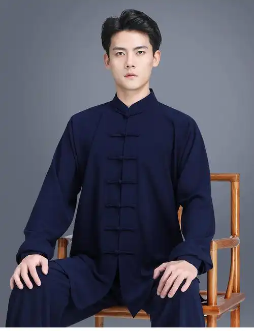 山人运动太极服男士春秋新款武术服练功服中老年太极拳服装藏青色xxxl