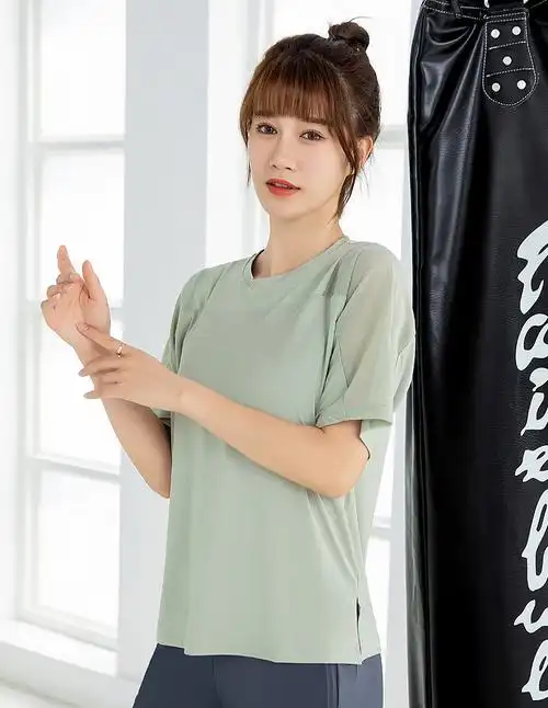 瑜伽服上衣女大码宽松速干t恤跑步运动短袖女网纱排汗女士健身衣
