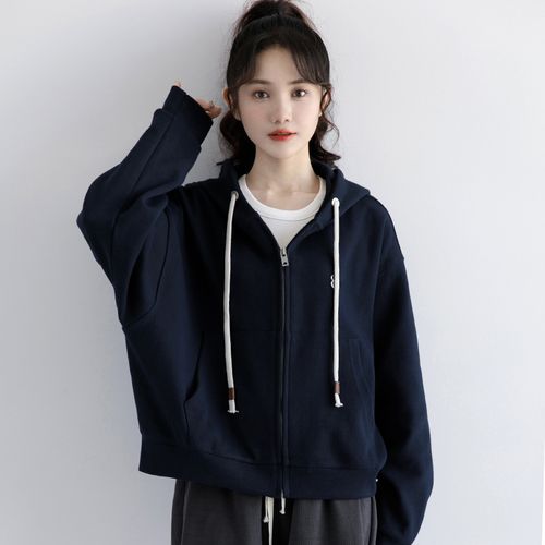 2022秋季新款藏蓝色短款卫衣外套女连帽拉链开衫春秋款百搭上衣潮