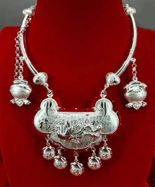 s999银项圈银锁 宝宝婴儿百岁周岁项链复古颈圈长命锁 墨绿色 70g长命